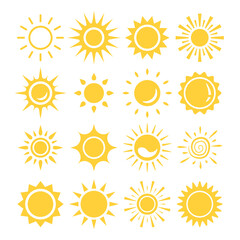 Sun icons. Yellow sun symbols. Sunshine, sun rays. Vector illustration