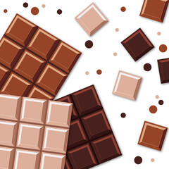 Chocolate bars. Realistic Chocolate Bar with Pieces. Milk, dark and white chocolate bars. Transparent background. Illustration