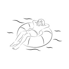 line art of a child on a tire in a river. simple sketch. cartoon.