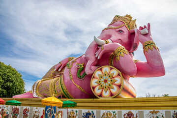 Wat Saman Rattanaram Chachoengsao Thailand is famous for gigantic image of bright pink Ganesha with...