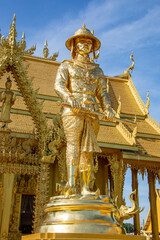 King Taksin great statue in front of Wat Pak Nam Jolo in Chachoengsao Thailand, the only and wholly golden chapel in Thailand and was a monastery dated back to the end of Ayutthaya period. 