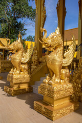 Fototapeta na wymiar The statue of Khochasi Guardian in Wat Pak Nam Jolo in Chachoengsao Thailand, the only and wholly golden chapel in Thailand and was a monastery dated back to the end of Ayutthaya period. 