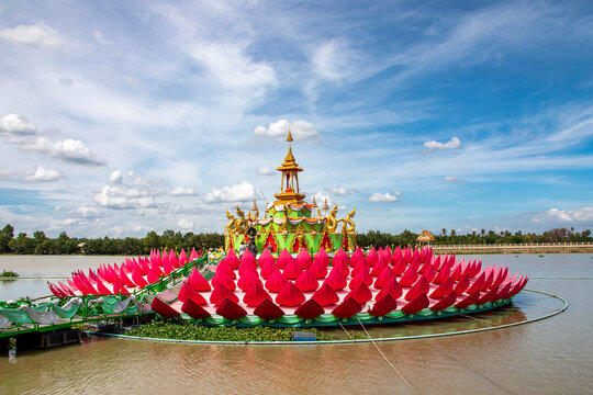 Chachoengsao Thailand 9th Jun 2022: the floating lotus shrine in Wat Saman Rattanaram, which is famous for image of bright pink Ganesha.