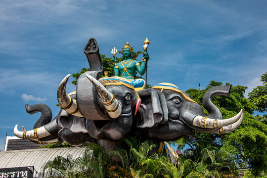 the statue of Erawan, a mythological elephant with three heads who carries the Hindu god Indra in Wat Saman Rattanaram Chachoengsao Thailand, which is famous for image of bright pink Ganesha.