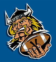rugged viking mascot holding football for school, college or league