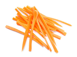 Pile of delicious carrot sticks isolated on white