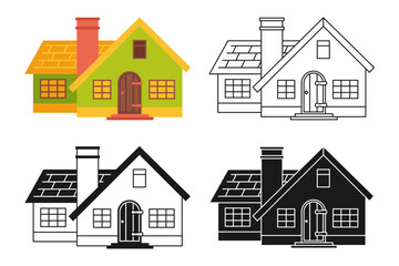 House front flat cartoon or engraved, ink stamp or linear doodle set. Small tiny houses, modern cozy building, vintage village facade. Residential homestead, cottage or villa apartment design
