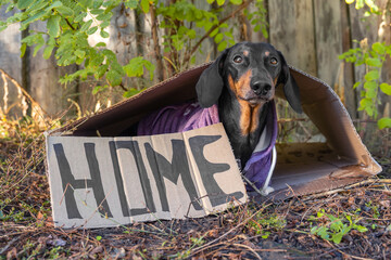 Dog sits in cardboard box on the ground with signboard house. Owner kicked aging dog out of house...