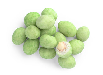 Pile of wasabi coated peanuts on white background, top view