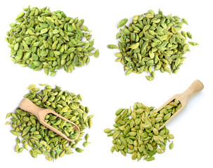 Set with cardamom seeds on white background, top view