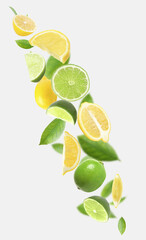 Fresh juicy citrus fruits and green leaves falling on white background