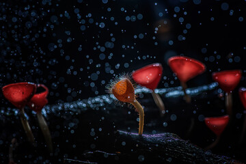 Beautiful short hair cup mushroom on a black background