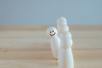 Individuality. Unique. Happy and enjoy stand out from group. Smiling figure among many crowd. Human...