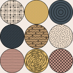 Circles of different textures and shades, design elements, seamless pattern