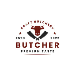 Butchery shop logo design vector, Cow and meat cleaver knife logo design template