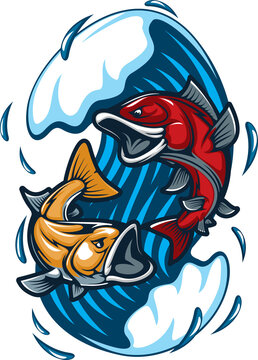Fish mascot, fishing sport tattoo, fishes in wave
