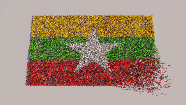 A Crowd of People congregating to form the Flag of Myanmar. Burmese Banner on White.