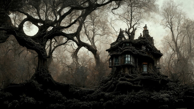 Halloween theme with spooky house in dark mystical forest, 3D Illustration, 16:9