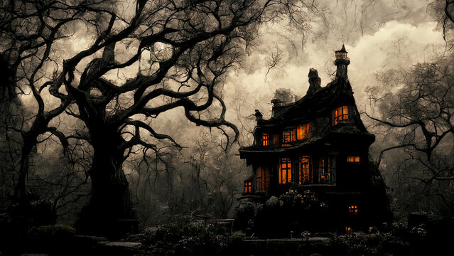 Halloween theme with spooky house in dark mystical forest, 3D Illustration, 16:9