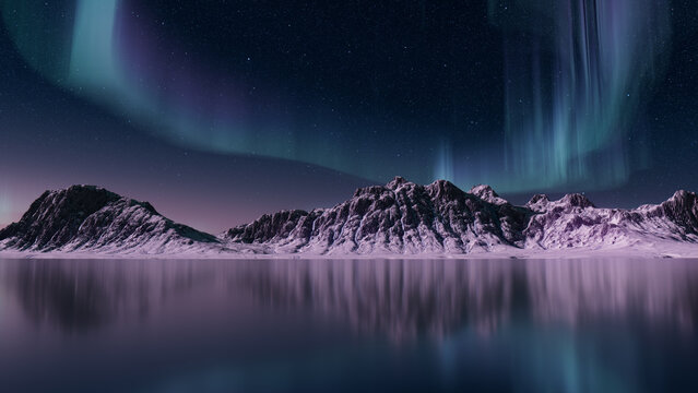 Snow covered Mountains with Aurora Lights. Green Sky Background with copy-space.