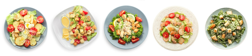Collage of plates with tasty Caesar salad on white background, top view