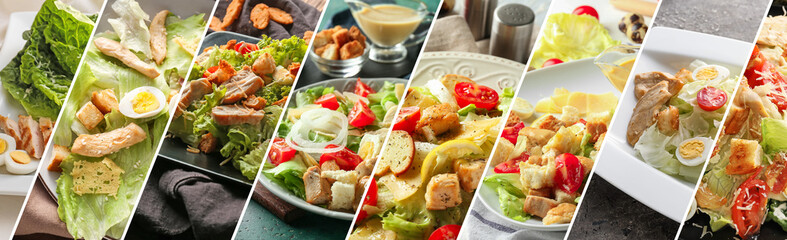 Collage of plates with tasty Caesar salad on table, closeup