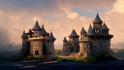 Obraz premium Panoramic view of two fantastic castles, 3D illustration 16:9