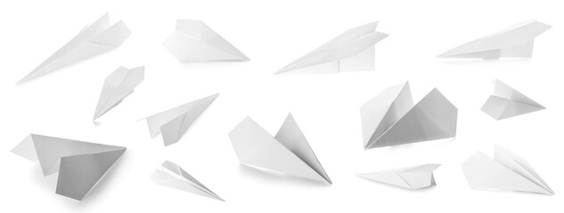 Set of paper planes on white background
