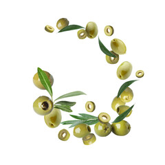 Flying green olives on white background