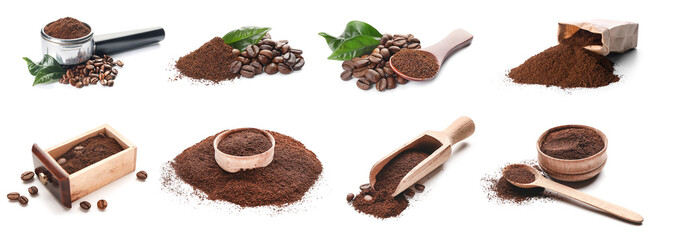 Set of coffee powder isolated on white