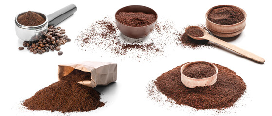 Set of coffee powder isolated on white
