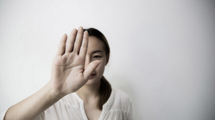 Stop hurting woman! young female person raised her hand for stop violence, sexual abuse, human...