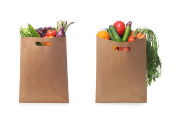 Collage of paper grocery bags with fresh vegetables and fruits on white background