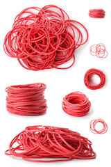 Collage of red elastic bands on white background