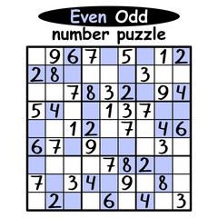 Even-Odd sudoku for kids vector illustration. Funny simple sudoku puzzle with even numbers and odd numbers. Place even numbers on blue cells and odd numbers on white cell by sudoku rules