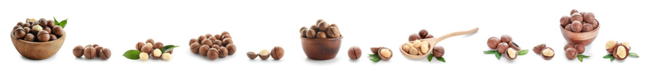 Set of tasty macadamia nuts on white background