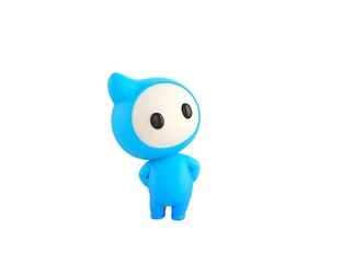 Blue Monster character hides hands behind back and look up in 3d rendering.