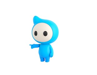 Blue Monster character pointing finger to the left in 3d rendering.
