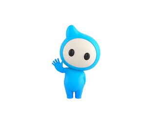Blue Monster character raising right hand in 3d rendering.