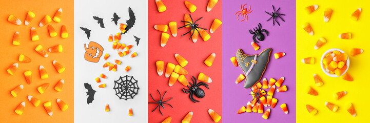 Collection of sweet candy corns with cookie and decor for Halloween on color background