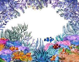 under ocean life element with watercolor painted , Coral reef with transparent background © jenjira