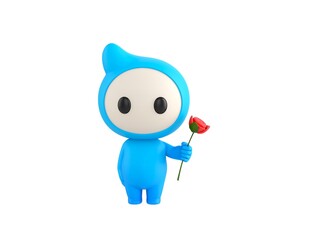 Blue Monster character holding flower in 3d rendering.