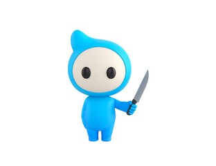 Blue Monster character holding sharp knife in 3d rendering.