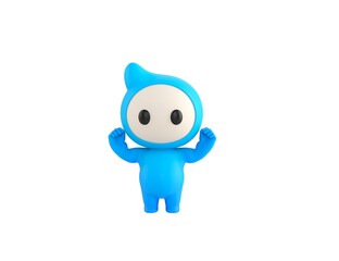 Blue Monster character raising two fists in 3d rendering.
