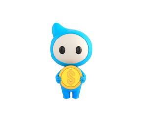 Blue Monster character holding golden dollar coin in 3d rendering.