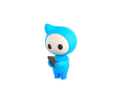 Blue Monster character types text message on cell phone in 3d rendering.