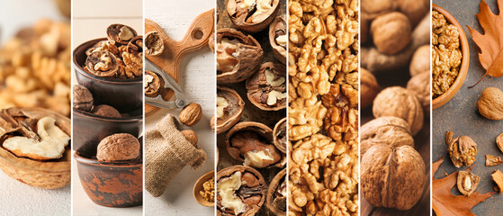 Collage with many tasty walnuts