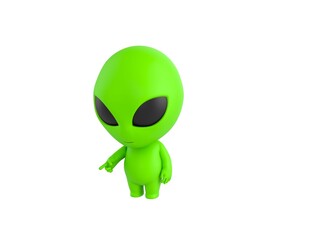 Little Alien character pointing to the ground in 3d rendering.