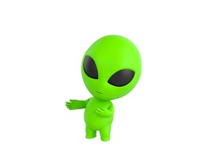 Little Alien character doing welcome gesture in 3d rendering.