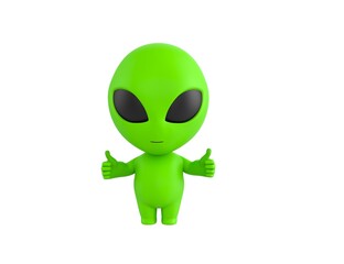 Little Alien character showing thumb up with two hands in 3d rendering.